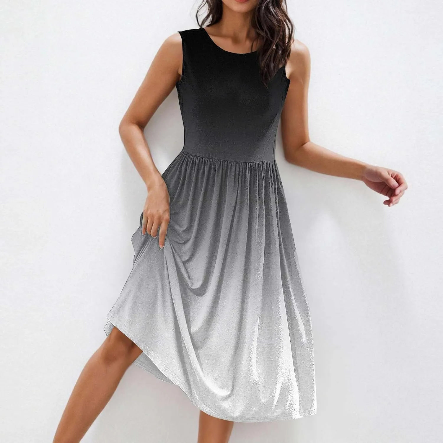 Womens Summer Dresses 2025 Boho Gradient Sleeveless Midi Dress Casual Tie Waist Pleated Flowy Sundress with Pockets
