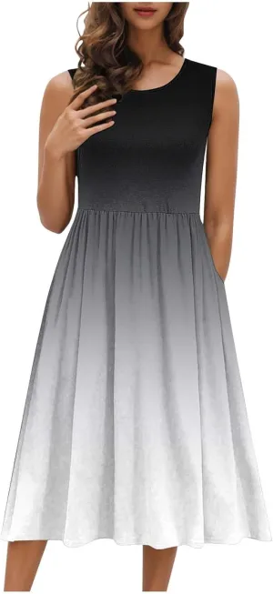 Womens Summer Dresses 2025 Boho Gradient Sleeveless Midi Dress Casual Tie Waist Pleated Flowy Sundress with Pockets