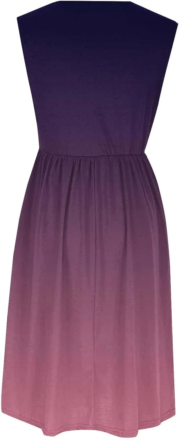 Womens Summer Dresses 2025 Boho Gradient Sleeveless Midi Dress Casual Tie Waist Pleated Flowy Sundress with Pockets