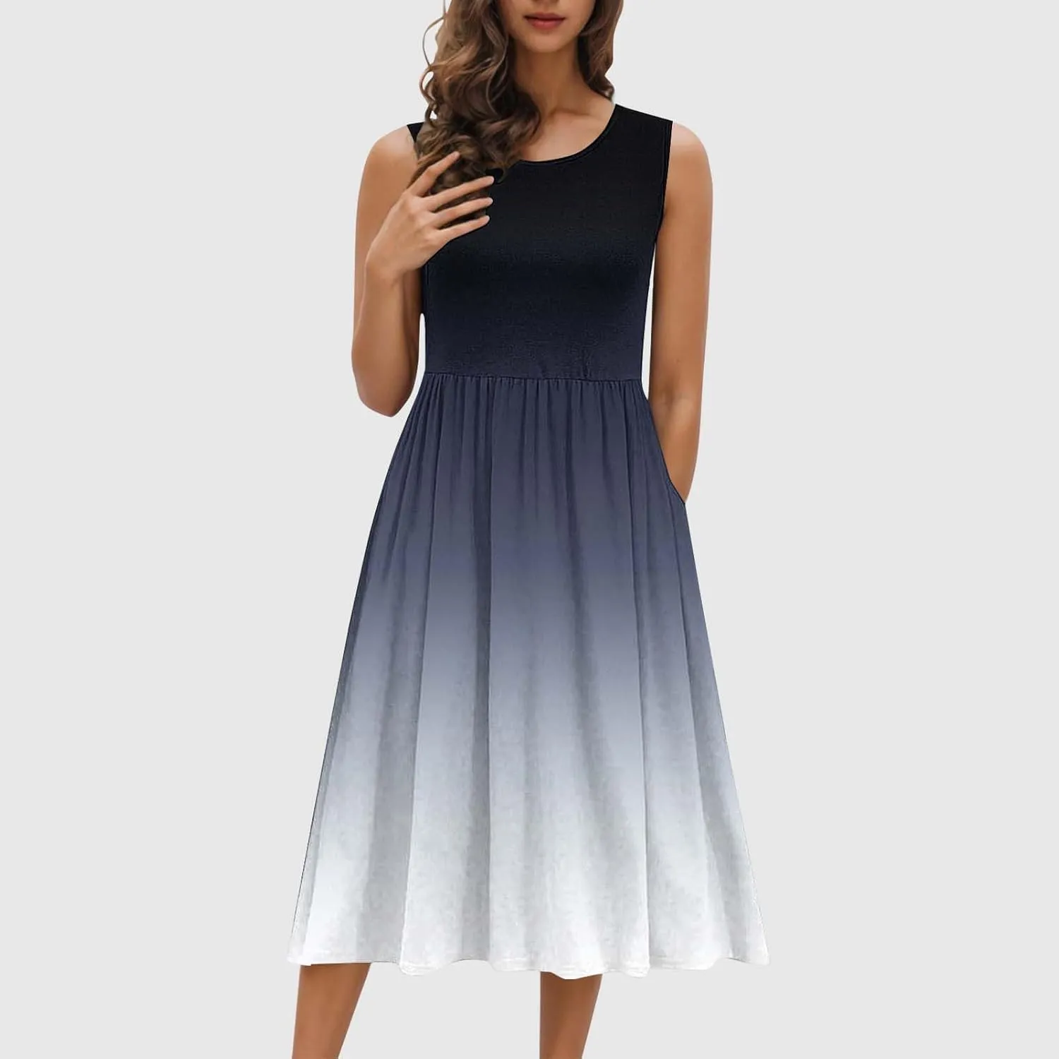 Womens Summer Dresses 2025 Boho Gradient Sleeveless Midi Dress Casual Tie Waist Pleated Flowy Sundress with Pockets