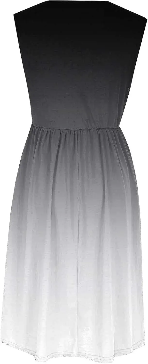 Womens Summer Dresses 2025 Boho Gradient Sleeveless Midi Dress Casual Tie Waist Pleated Flowy Sundress with Pockets