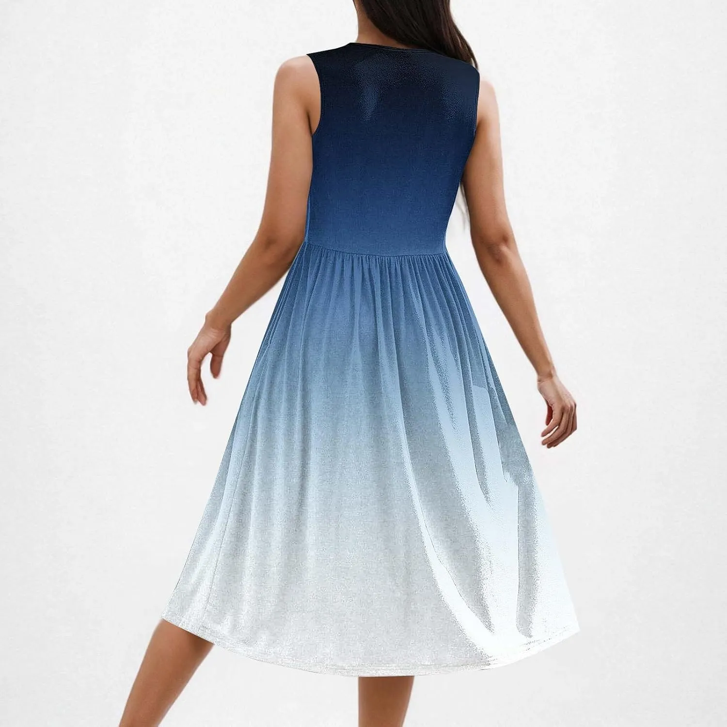 Womens Summer Dresses 2025 Boho Gradient Sleeveless Midi Dress Casual Tie Waist Pleated Flowy Sundress with Pockets