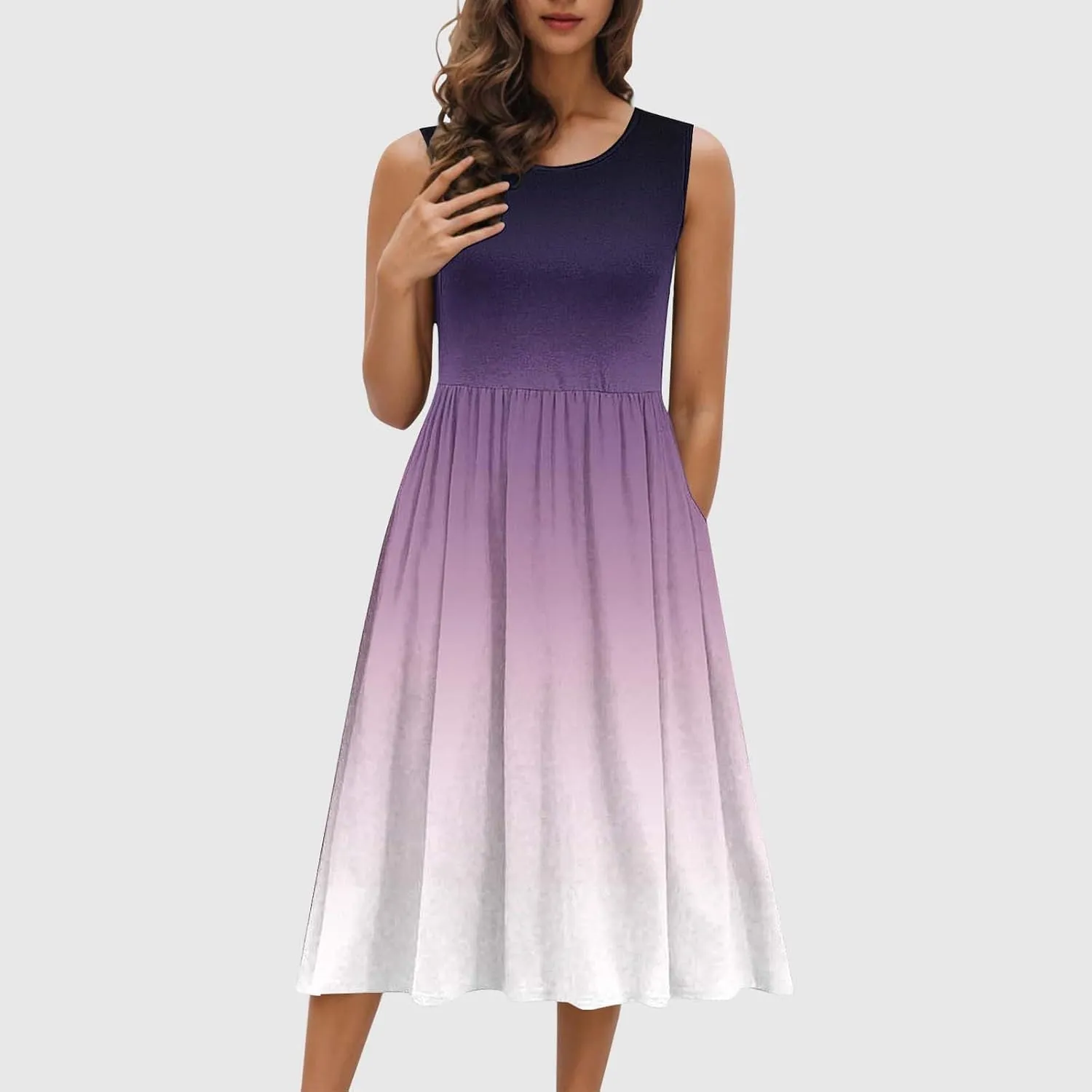 Womens Summer Dresses 2025 Boho Gradient Sleeveless Midi Dress Casual Tie Waist Pleated Flowy Sundress with Pockets