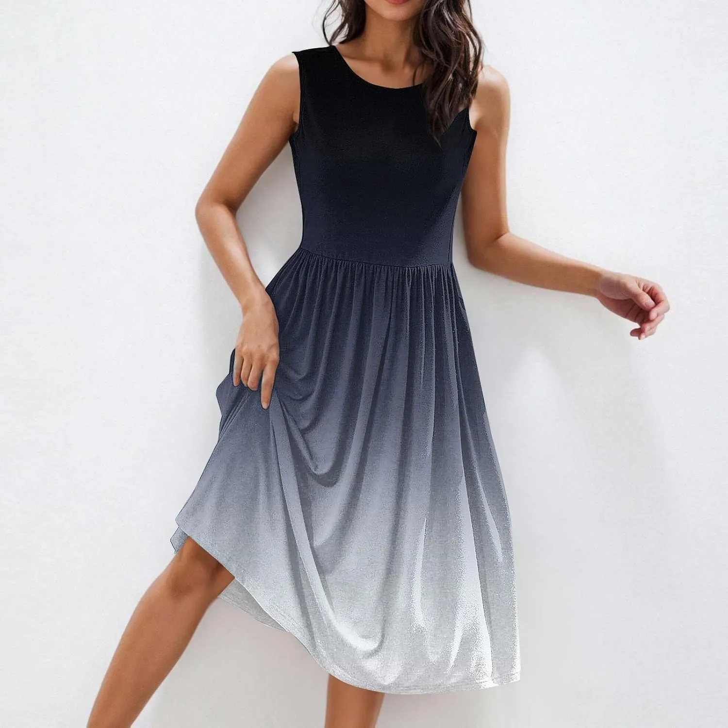 Womens Summer Dresses 2025 Boho Gradient Sleeveless Midi Dress Casual Tie Waist Pleated Flowy Sundress with Pockets