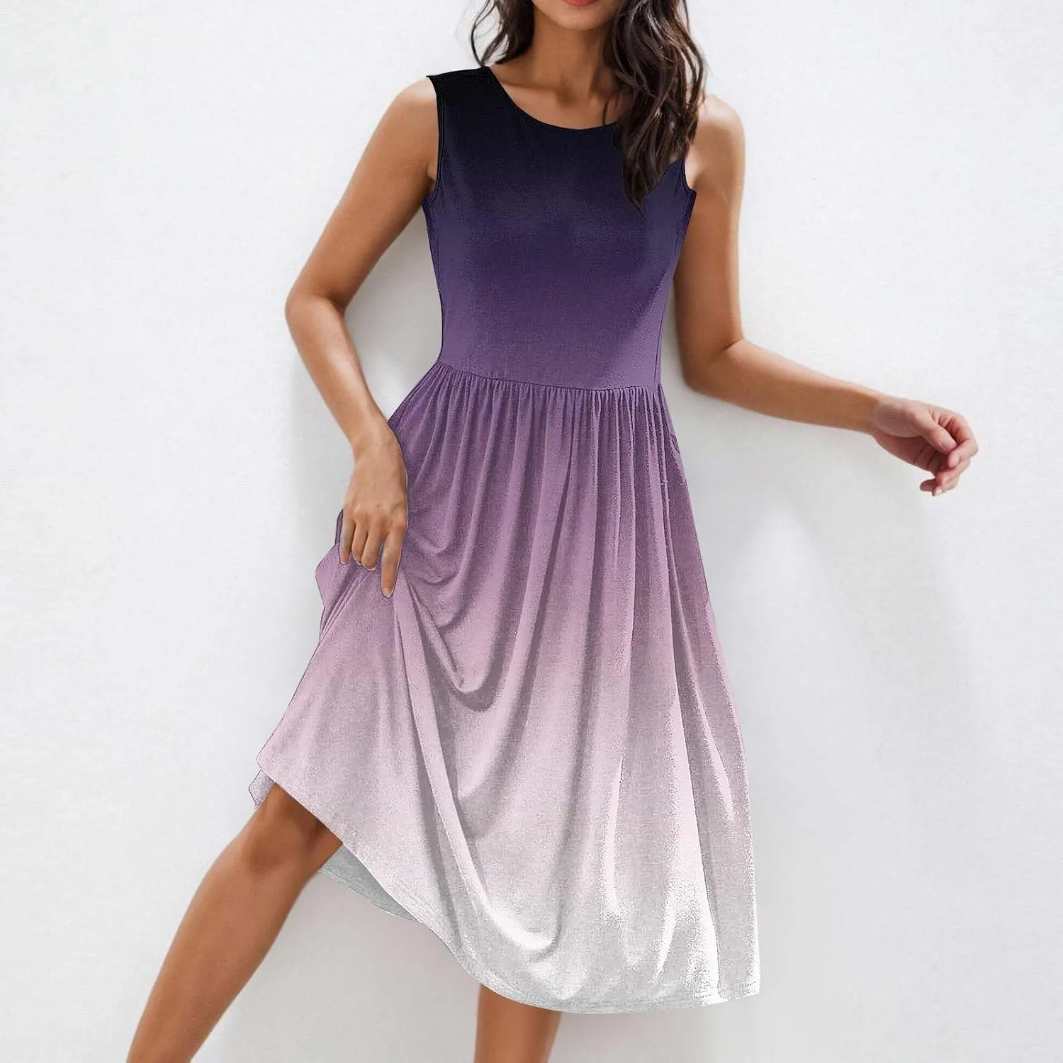 Womens Summer Dresses 2025 Boho Gradient Sleeveless Midi Dress Casual Tie Waist Pleated Flowy Sundress with Pockets