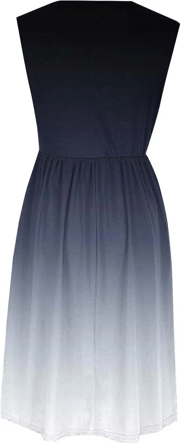 Womens Summer Dresses 2025 Boho Gradient Sleeveless Midi Dress Casual Tie Waist Pleated Flowy Sundress with Pockets