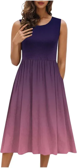 Womens Summer Dresses 2025 Boho Gradient Sleeveless Midi Dress Casual Tie Waist Pleated Flowy Sundress with Pockets