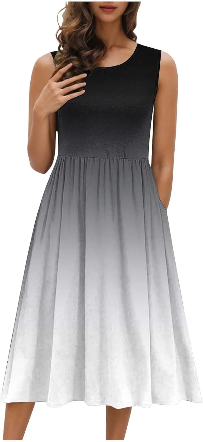 Womens Summer Dresses 2025 Boho Gradient Sleeveless Midi Dress Casual Tie Waist Pleated Flowy Sundress with Pockets