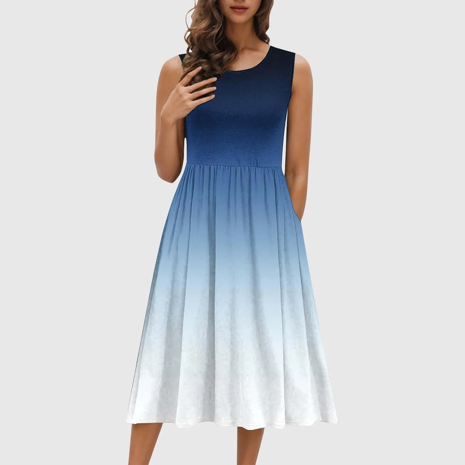 Womens Summer Dresses 2025 Boho Gradient Sleeveless Midi Dress Casual Tie Waist Pleated Flowy Sundress with Pockets