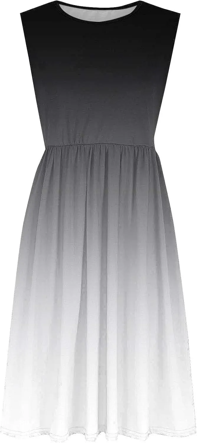 Womens Summer Dresses 2025 Boho Gradient Sleeveless Midi Dress Casual Tie Waist Pleated Flowy Sundress with Pockets