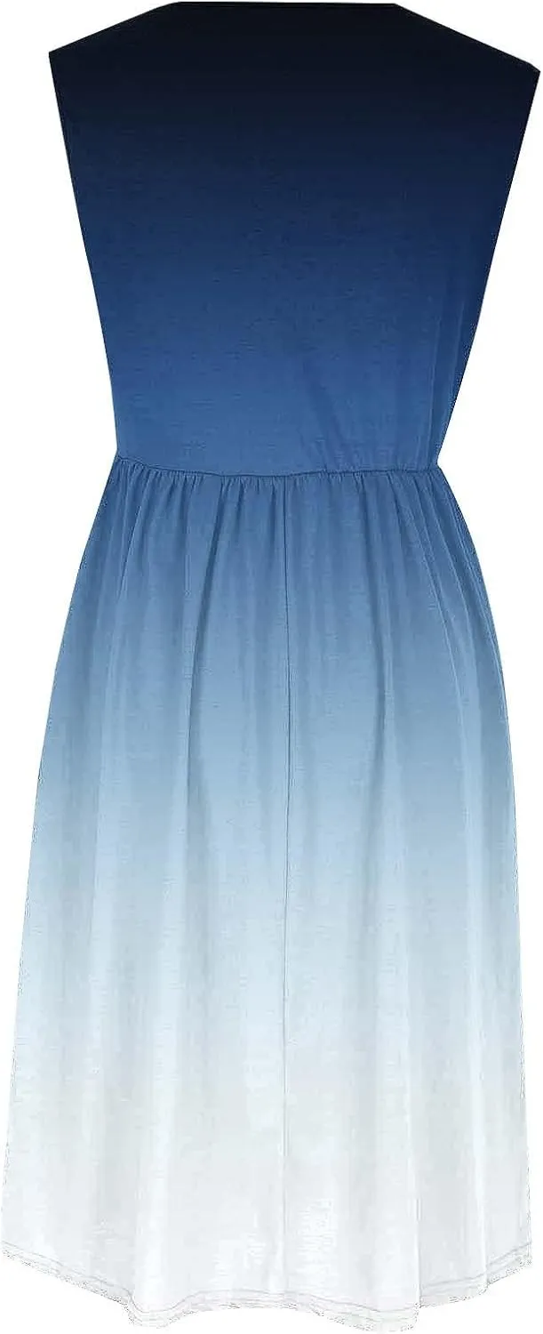 Womens Summer Dresses 2025 Boho Gradient Sleeveless Midi Dress Casual Tie Waist Pleated Flowy Sundress with Pockets