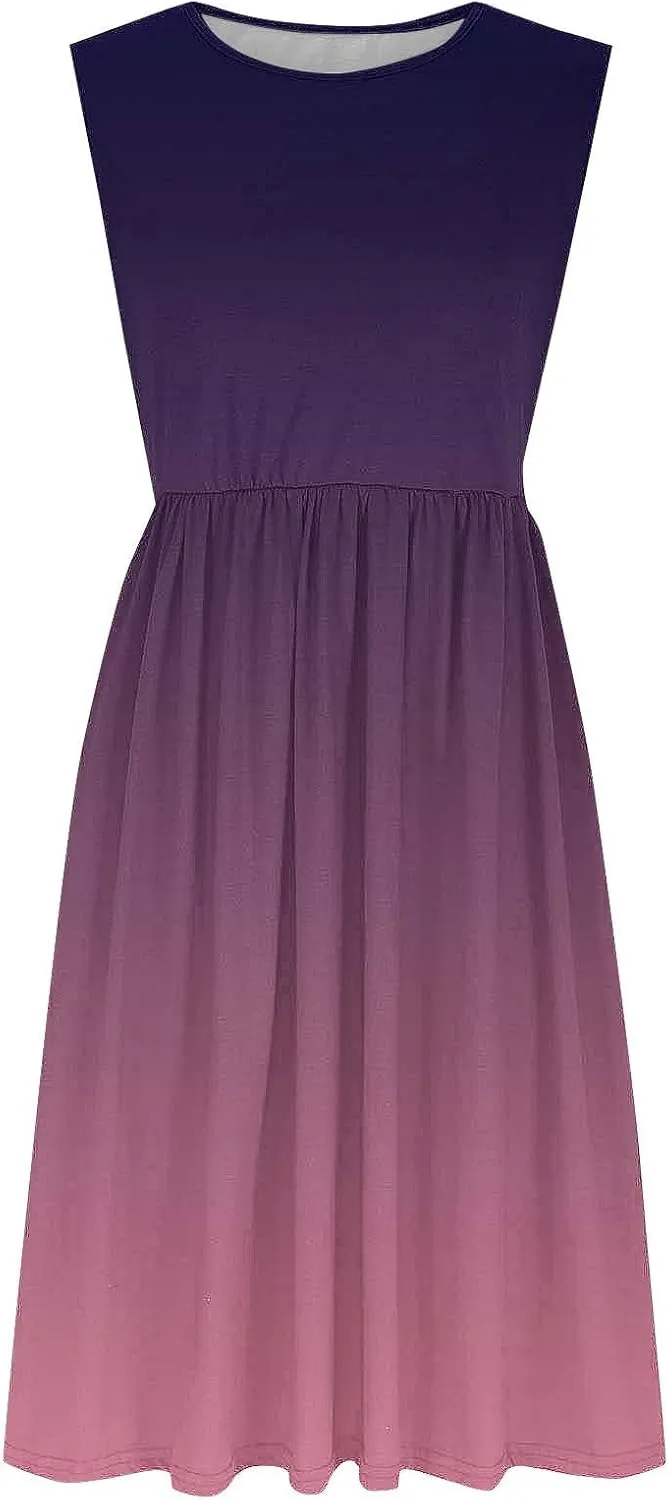 Womens Summer Dresses 2025 Boho Gradient Sleeveless Midi Dress Casual Tie Waist Pleated Flowy Sundress with Pockets