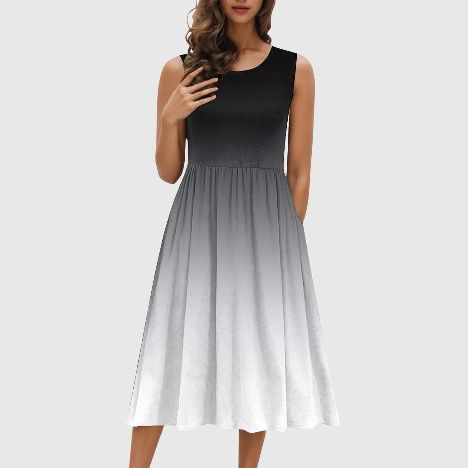 Womens Summer Dresses 2025 Boho Gradient Sleeveless Midi Dress Casual Tie Waist Pleated Flowy Sundress with Pockets