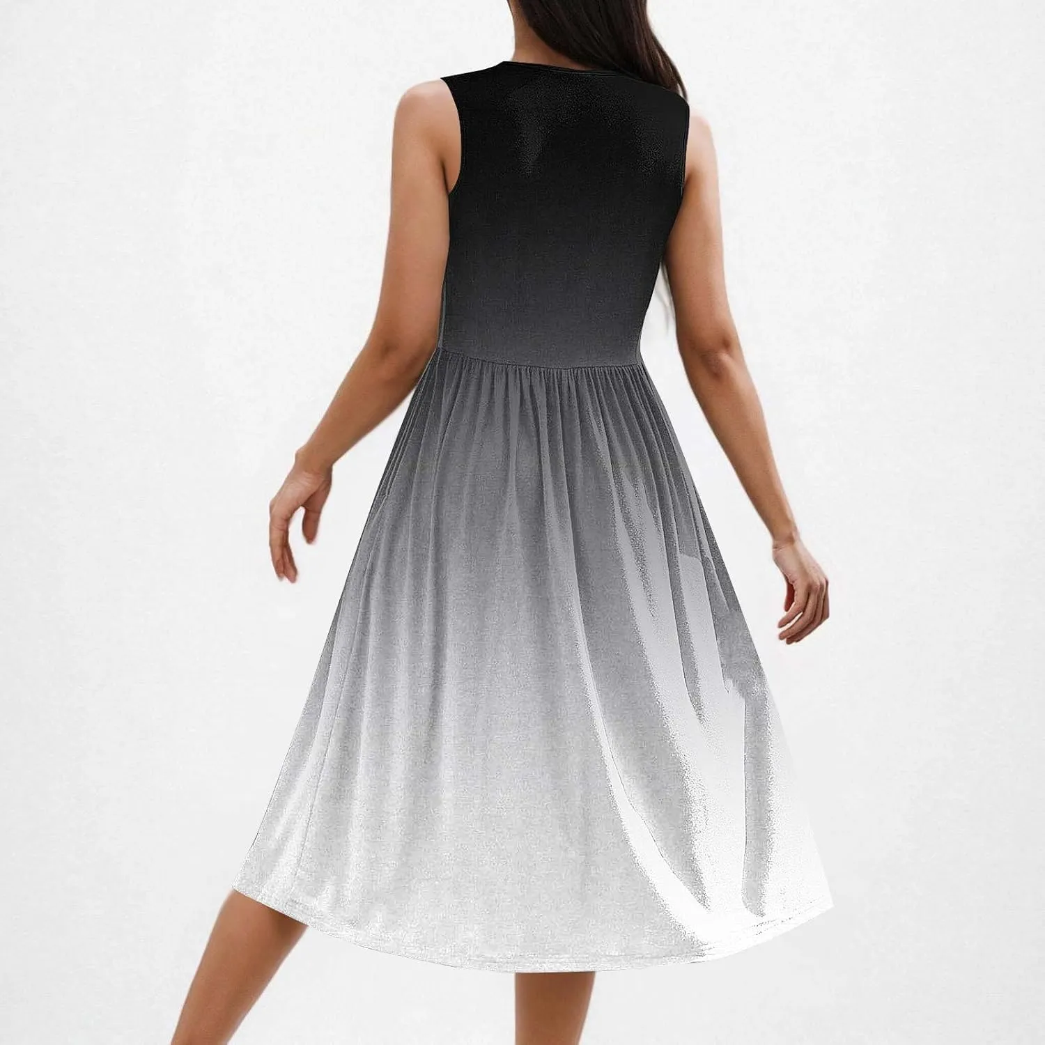 Womens Summer Dresses 2025 Boho Gradient Sleeveless Midi Dress Casual Tie Waist Pleated Flowy Sundress with Pockets