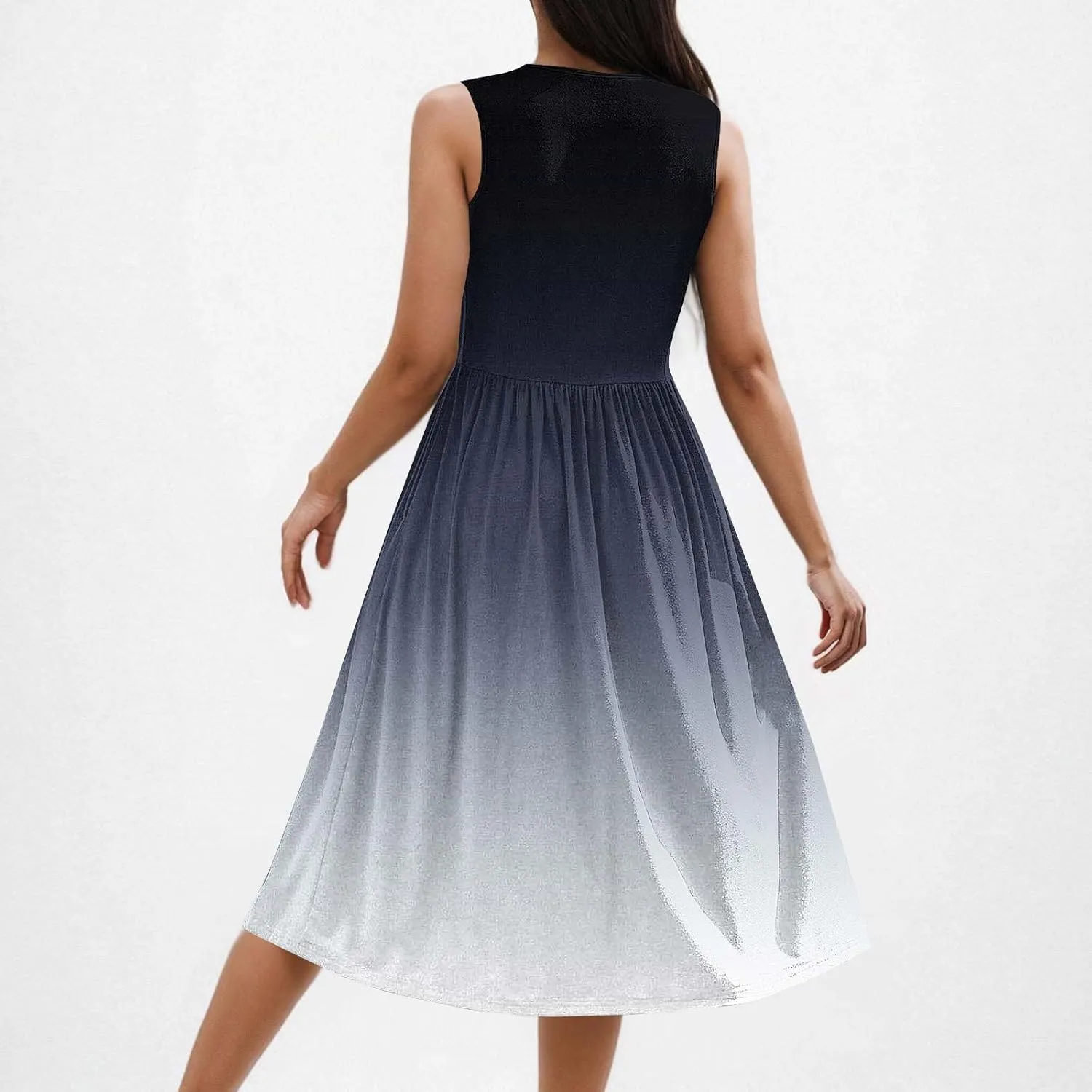 Womens Summer Dresses 2025 Boho Gradient Sleeveless Midi Dress Casual Tie Waist Pleated Flowy Sundress with Pockets
