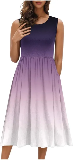 Womens Summer Dresses 2025 Boho Gradient Sleeveless Midi Dress Casual Tie Waist Pleated Flowy Sundress with Pockets