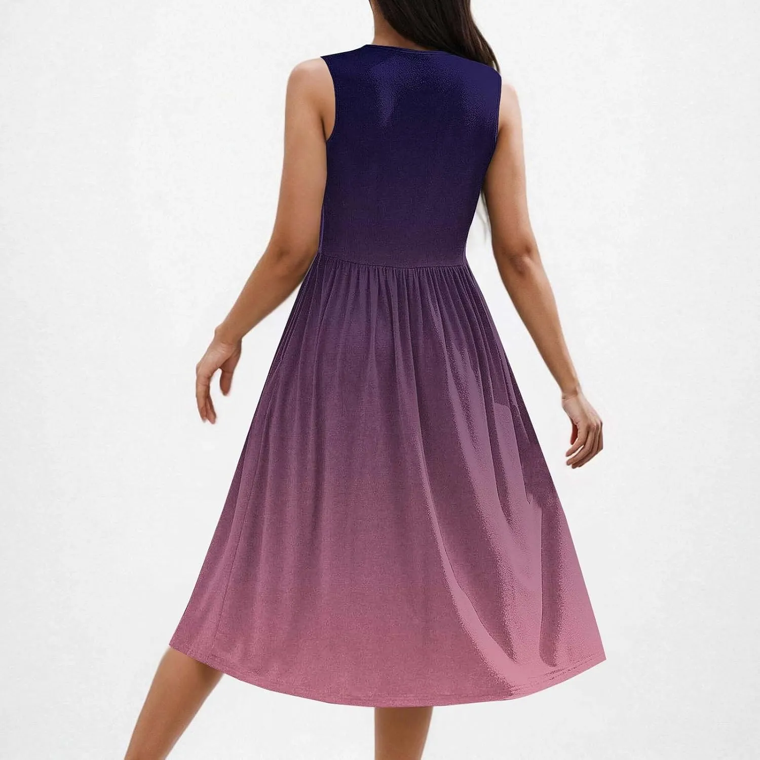 Womens Summer Dresses 2025 Boho Gradient Sleeveless Midi Dress Casual Tie Waist Pleated Flowy Sundress with Pockets
