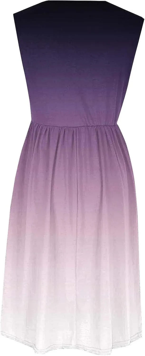 Womens Summer Dresses 2025 Boho Gradient Sleeveless Midi Dress Casual Tie Waist Pleated Flowy Sundress with Pockets