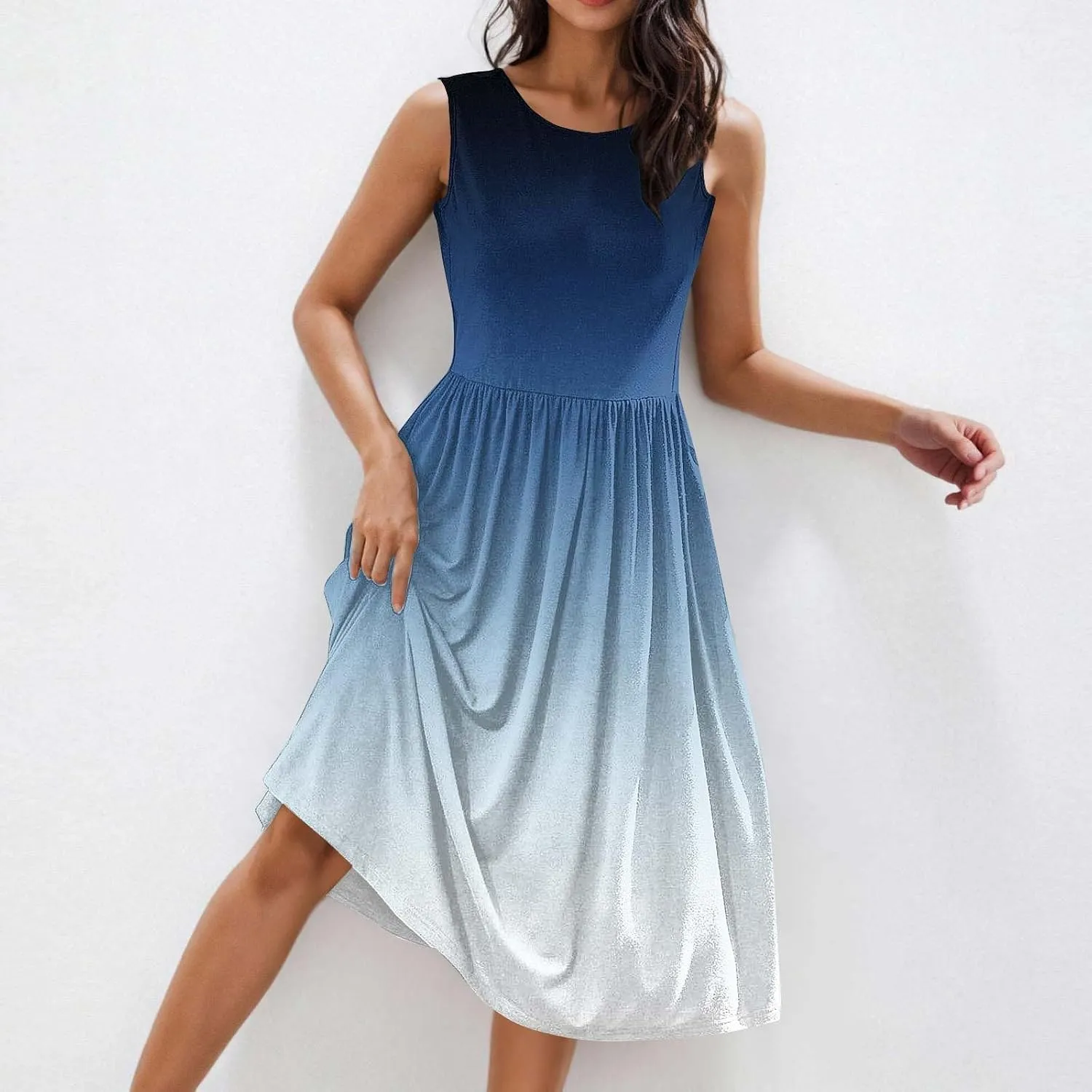 Womens Summer Dresses 2025 Boho Gradient Sleeveless Midi Dress Casual Tie Waist Pleated Flowy Sundress with Pockets