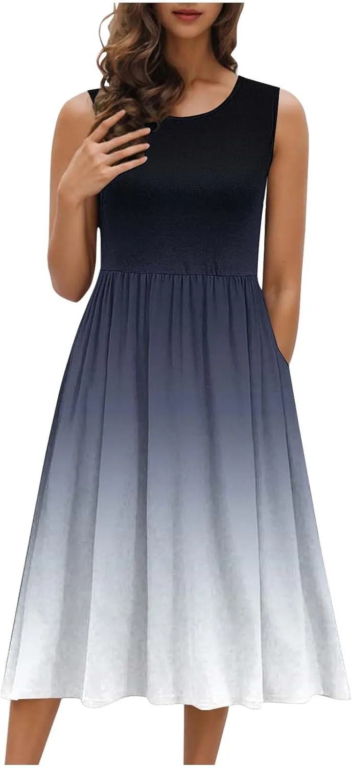 Womens Summer Dresses 2025 Boho Gradient Sleeveless Midi Dress Casual Tie Waist Pleated Flowy Sundress with Pockets
