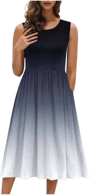 Womens Summer Dresses 2025 Boho Gradient Sleeveless Midi Dress Casual Tie Waist Pleated Flowy Sundress with Pockets