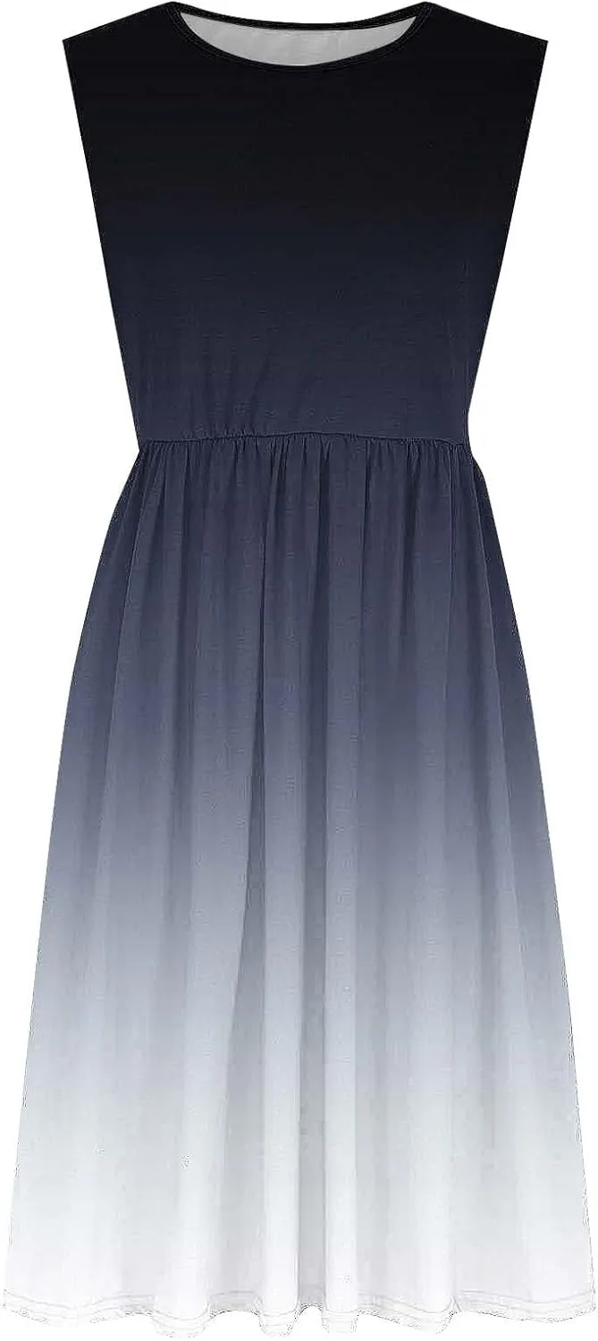 Womens Summer Dresses 2025 Boho Gradient Sleeveless Midi Dress Casual Tie Waist Pleated Flowy Sundress with Pockets