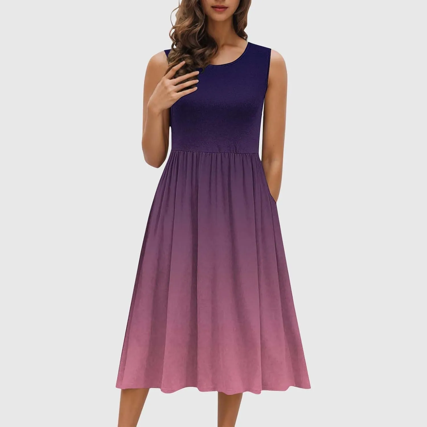 Womens Summer Dresses 2025 Boho Gradient Sleeveless Midi Dress Casual Tie Waist Pleated Flowy Sundress with Pockets