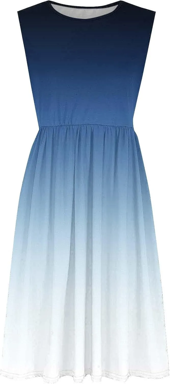 Womens Summer Dresses 2025 Boho Gradient Sleeveless Midi Dress Casual Tie Waist Pleated Flowy Sundress with Pockets