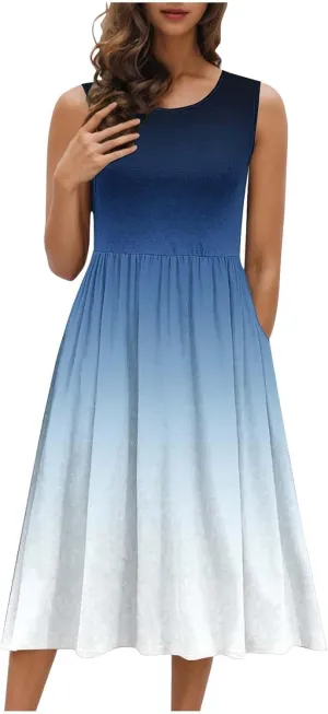 Womens Summer Dresses 2025 Boho Gradient Sleeveless Midi Dress Casual Tie Waist Pleated Flowy Sundress with Pockets