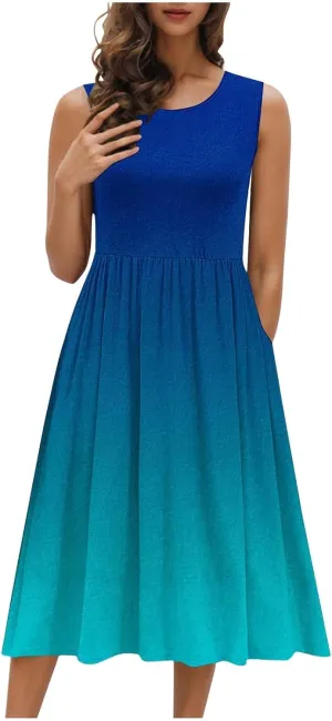 Womens Summer Dresses 2025 Boho Gradient Sleeveless Midi Dress Casual Tie Waist Pleated Flowy Sundress with Pockets