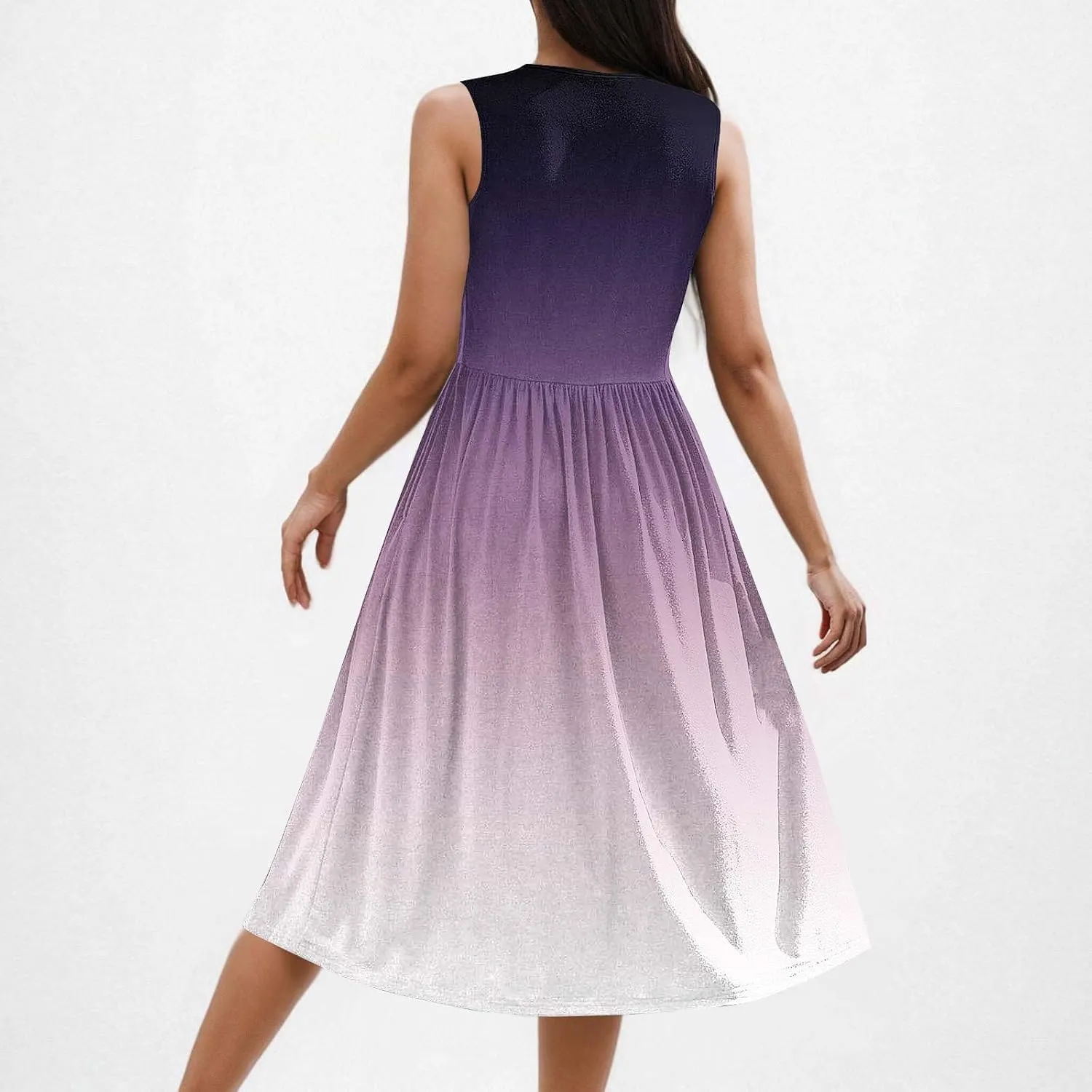 Womens Summer Dresses 2025 Boho Gradient Sleeveless Midi Dress Casual Tie Waist Pleated Flowy Sundress with Pockets