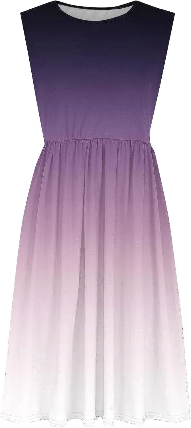 Womens Summer Dresses 2025 Boho Gradient Sleeveless Midi Dress Casual Tie Waist Pleated Flowy Sundress with Pockets