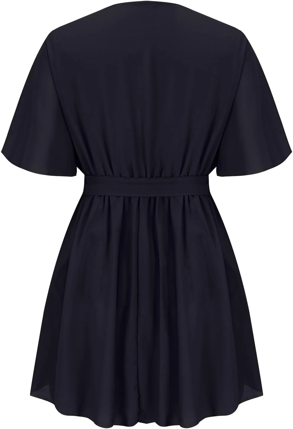 Women's Summer Lantern Sleeve Dress Sexy Casual Plunging V Neck Tie Waist Layer Ruffle Hem A Line Swing Mini Dresses