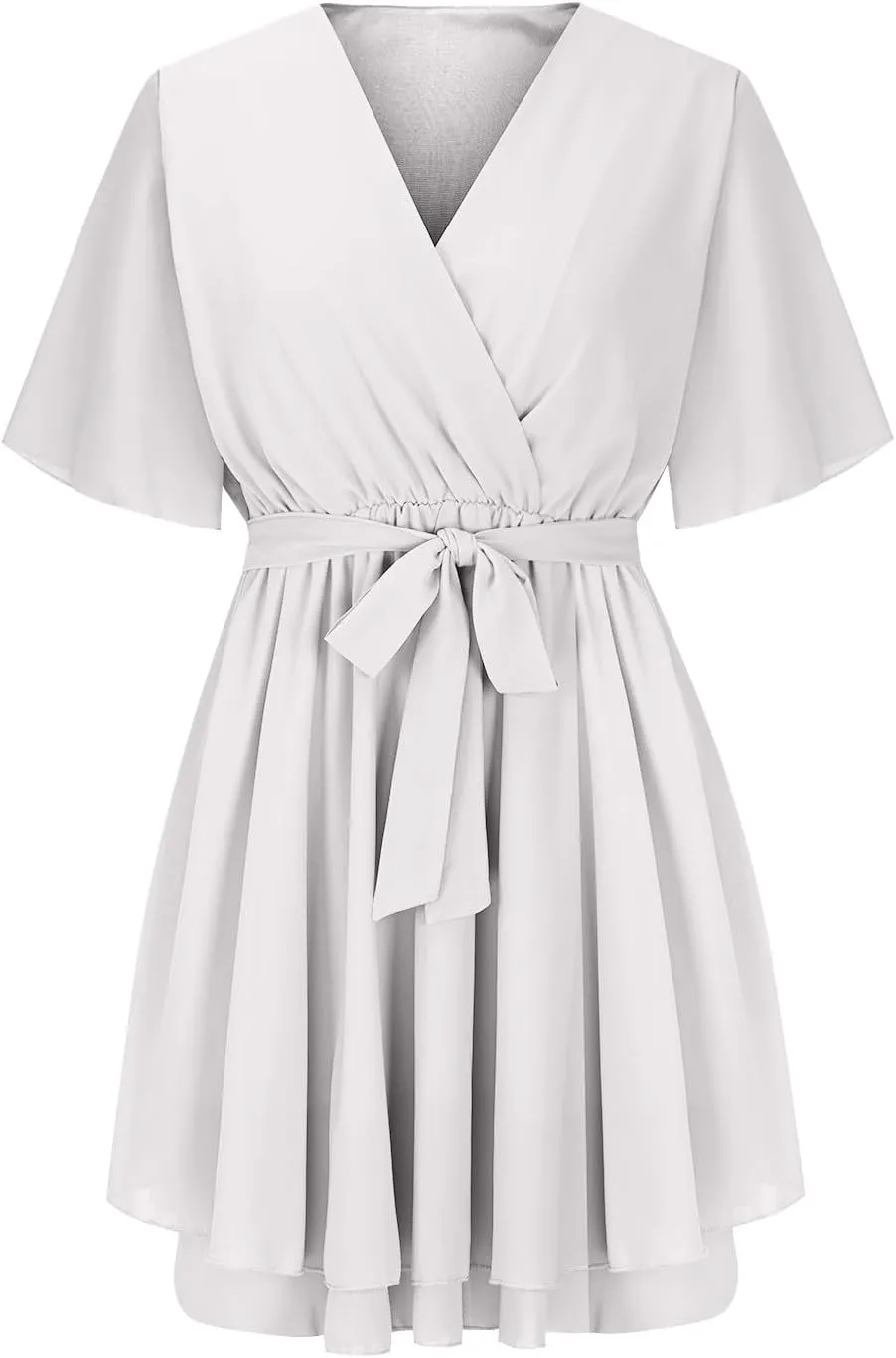 Women's Summer Lantern Sleeve Dress Sexy Casual Plunging V Neck Tie Waist Layer Ruffle Hem A Line Swing Mini Dresses