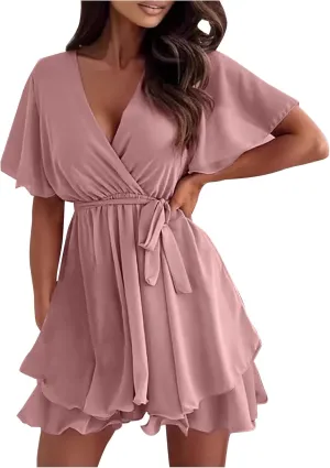 Women's Summer Lantern Sleeve Dress Sexy Casual Plunging V Neck Tie Waist Layer Ruffle Hem A Line Swing Mini Dresses
