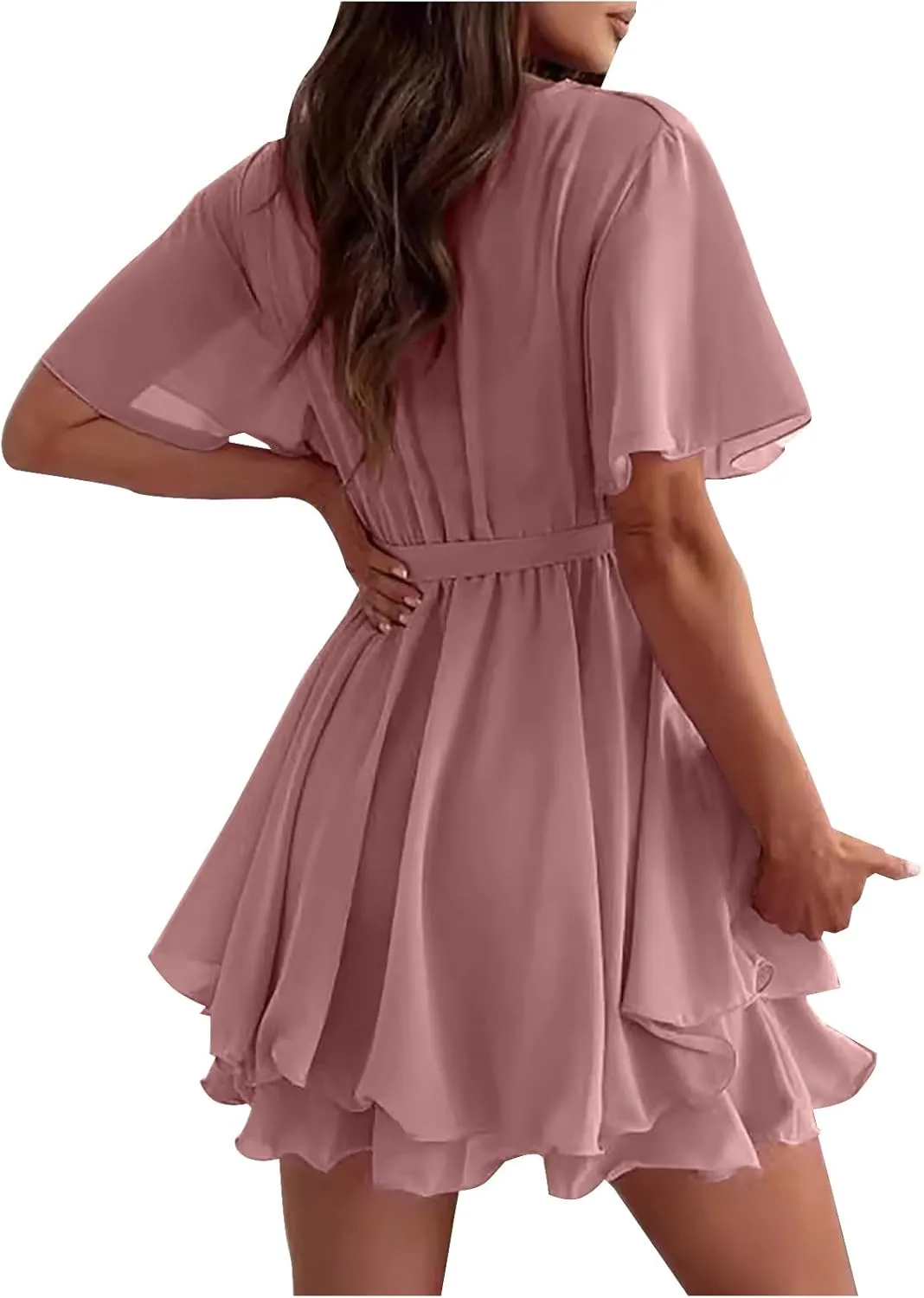 Women's Summer Lantern Sleeve Dress Sexy Casual Plunging V Neck Tie Waist Layer Ruffle Hem A Line Swing Mini Dresses