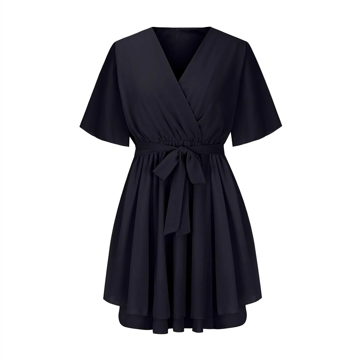 Women's Summer Lantern Sleeve Dress Sexy Casual Plunging V Neck Tie Waist Layer Ruffle Hem A Line Swing Mini Dresses