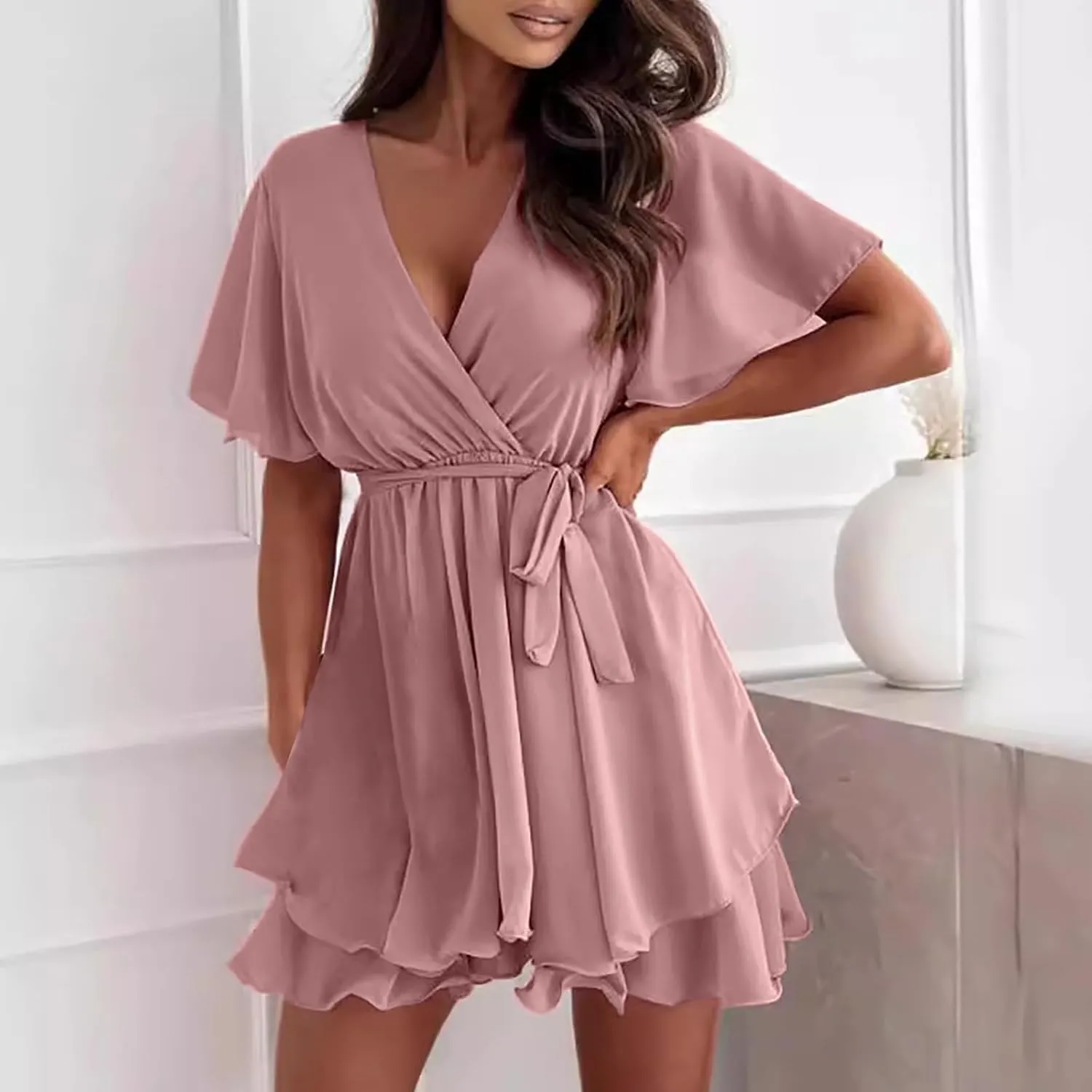 Women's Summer Lantern Sleeve Dress Sexy Casual Plunging V Neck Tie Waist Layer Ruffle Hem A Line Swing Mini Dresses