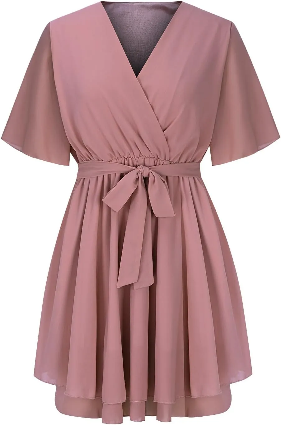 Women's Summer Lantern Sleeve Dress Sexy Casual Plunging V Neck Tie Waist Layer Ruffle Hem A Line Swing Mini Dresses