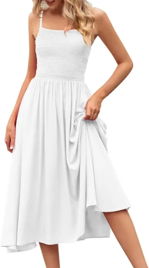 Women's Summer Maxi Dress Casual Boho Sleeveless Spaghetti Strap Smocked Tiered Long Beach Sun Dresses Vacation