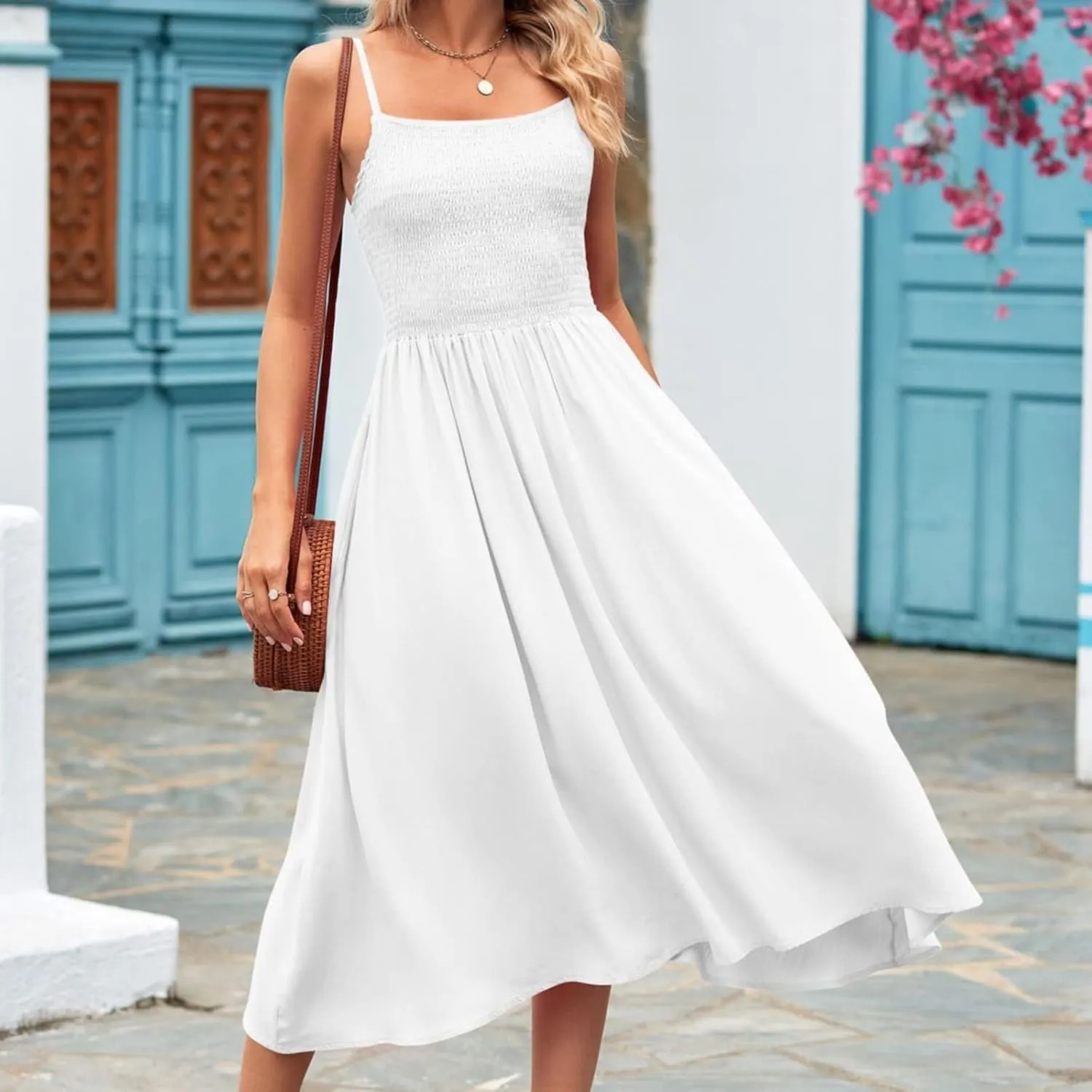 Women's Summer Maxi Dress Casual Boho Sleeveless Spaghetti Strap Smocked Tiered Long Beach Sun Dresses Vacation