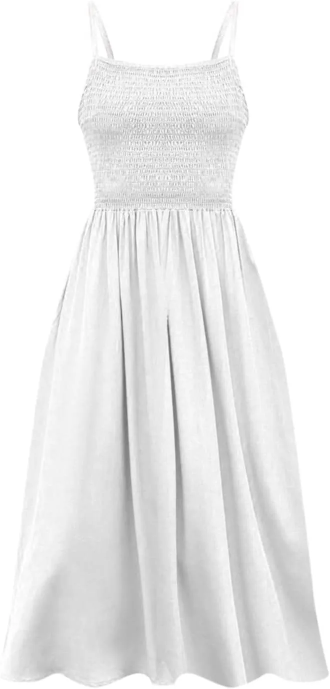 Women's Summer Maxi Dress Casual Boho Sleeveless Spaghetti Strap Smocked Tiered Long Beach Sun Dresses Vacation