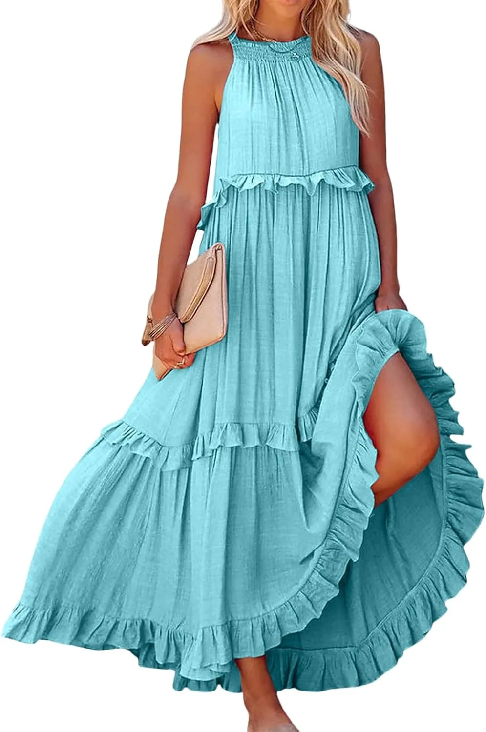 Womens Summer Sleeveless Dress Halter Tie Back Loose Flowy Ruffle Tiered Maxi Dress Beach Swing Long Dresses Sundress