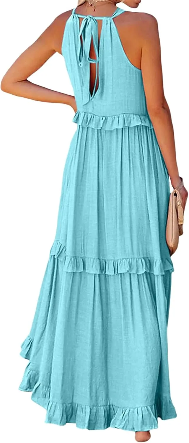 Womens Summer Sleeveless Dress Halter Tie Back Loose Flowy Ruffle Tiered Maxi Dress Beach Swing Long Dresses Sundress