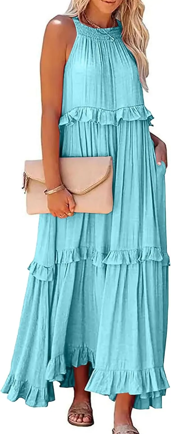 Womens Summer Sleeveless Dress Halter Tie Back Loose Flowy Ruffle Tiered Maxi Dress Beach Swing Long Dresses Sundress