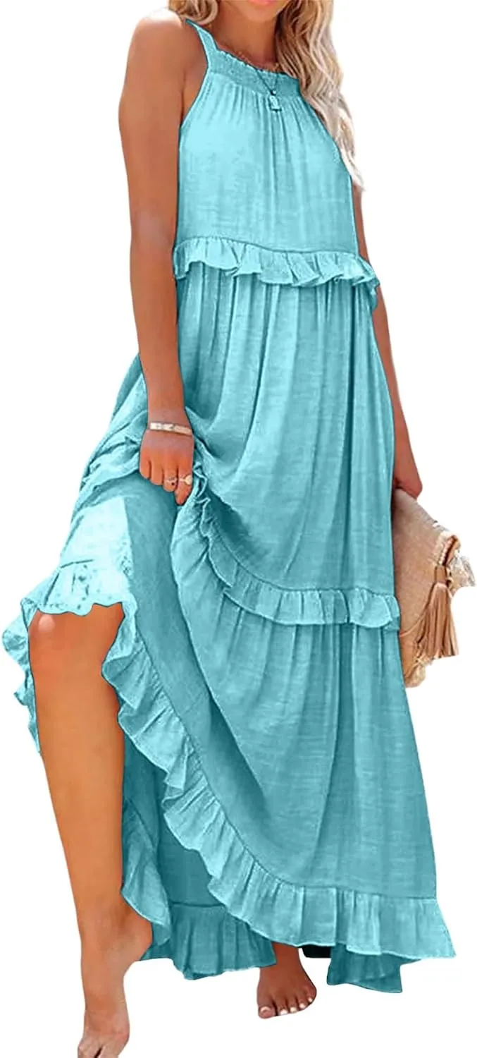 Womens Summer Sleeveless Dress Halter Tie Back Loose Flowy Ruffle Tiered Maxi Dress Beach Swing Long Dresses Sundress