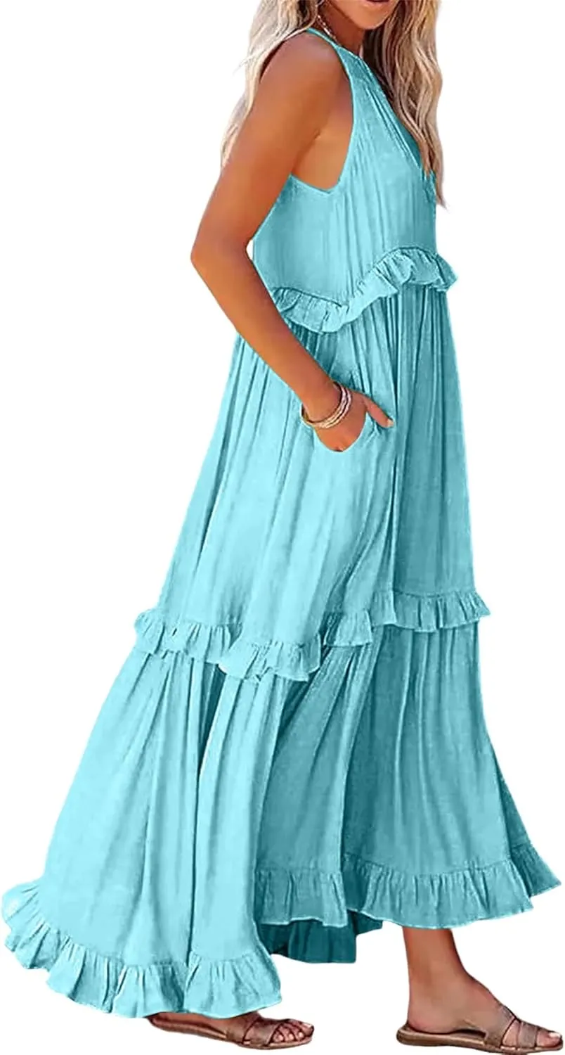 Womens Summer Sleeveless Dress Halter Tie Back Loose Flowy Ruffle Tiered Maxi Dress Beach Swing Long Dresses Sundress