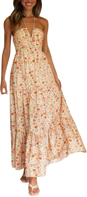 Women's Summer Sleeveless Halter Neck Boho Long Dress Backless Ruffle Hem Tiered Flowy Maxi Sundress Beach Vacation