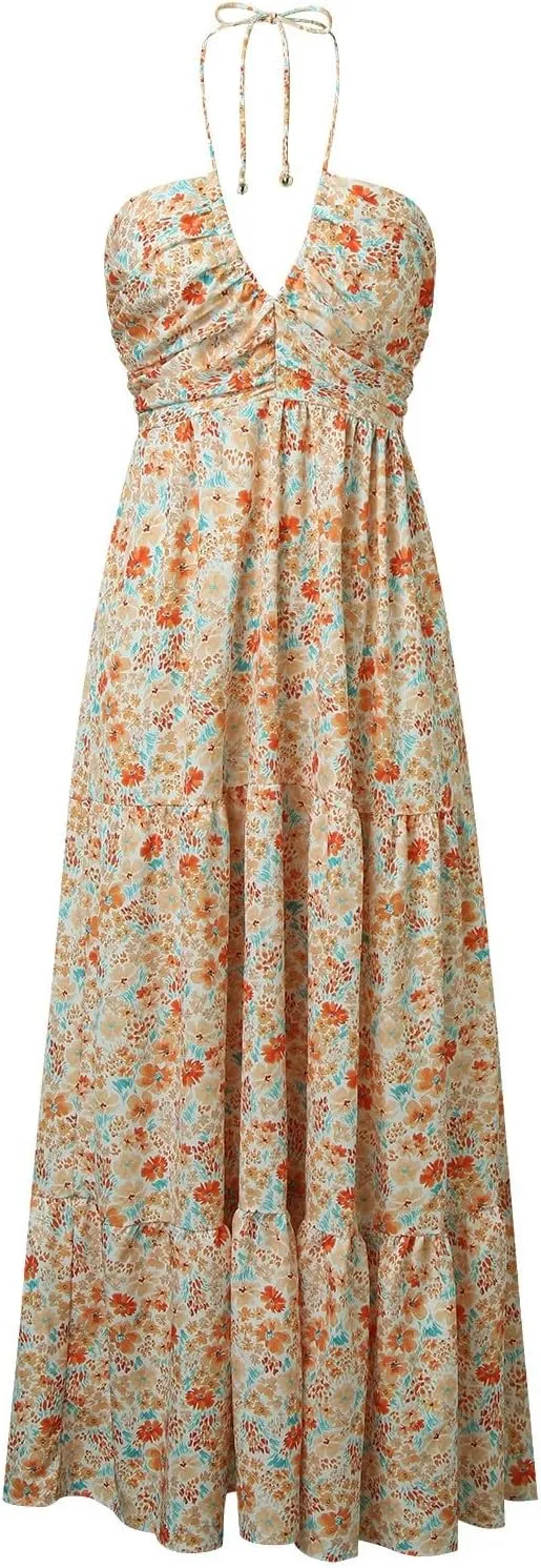 Women's Summer Sleeveless Halter Neck Boho Long Dress Backless Ruffle Hem Tiered Flowy Maxi Sundress Beach Vacation