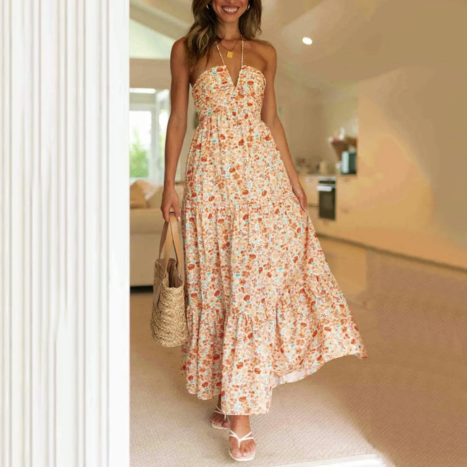 Women's Summer Sleeveless Halter Neck Boho Long Dress Backless Ruffle Hem Tiered Flowy Maxi Sundress Beach Vacation